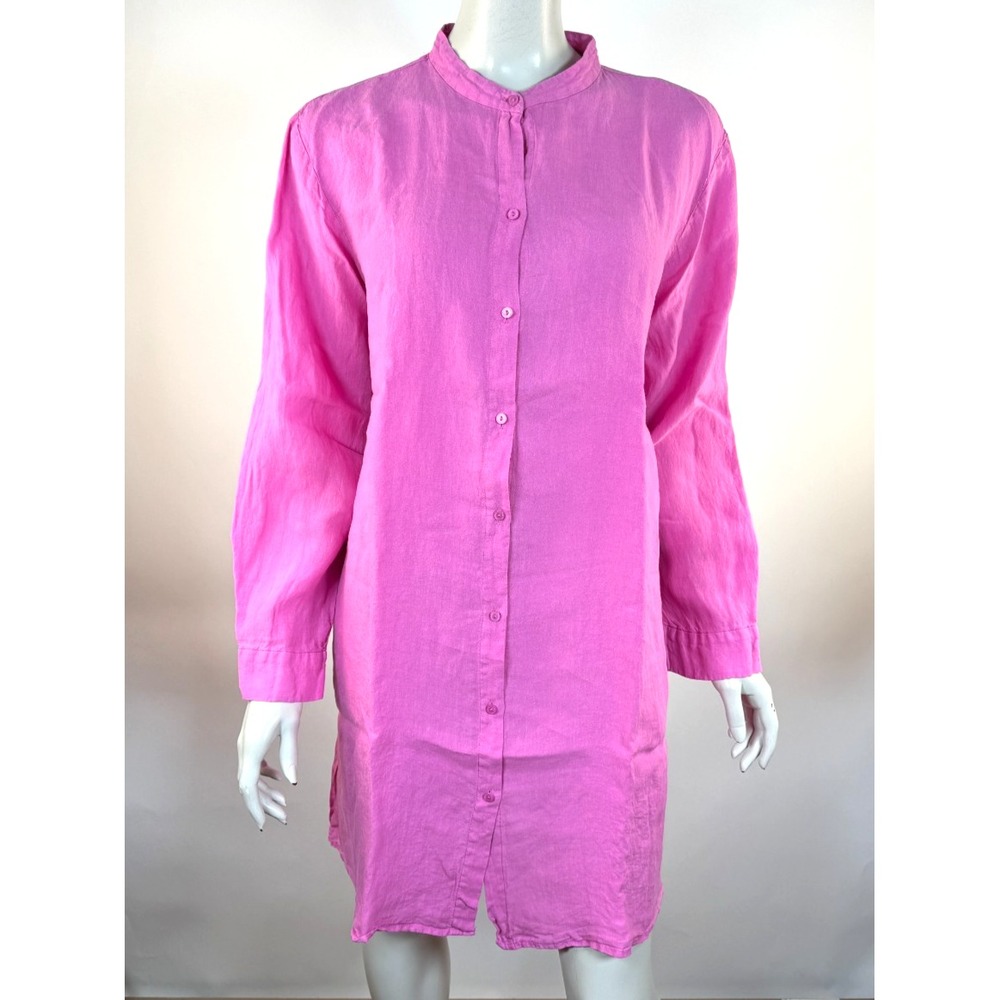 Eileen Fisher Organic Linen Tunic Shirt Women L Tulip Pink Long Sleeve Crew Neck